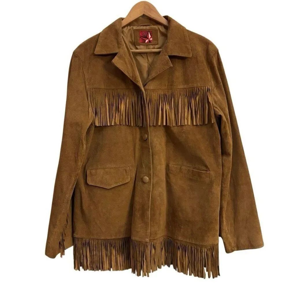 Marlboro Vintage 100% Genuine Leather Fringe Jacket Western Boho Brown XL - Picture 2 of 7
